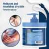Dermal Defense moisturizing cream: application to hands, elbows, and packaging