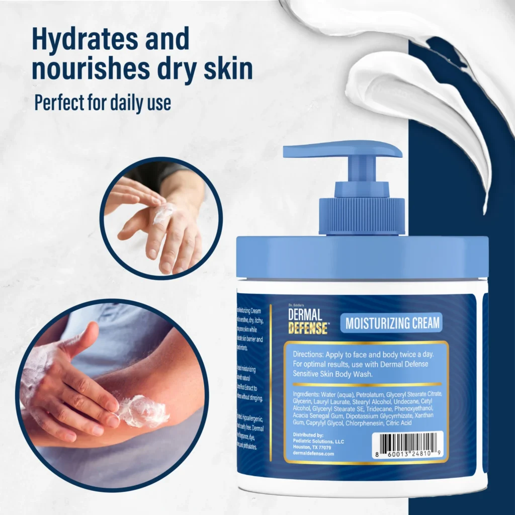 Dermal Defense moisturizing cream: application to hands, elbows, and packaging