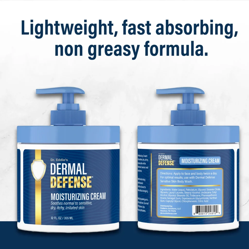 Dermal Defense moisturizing cream front and back of 12 fl oz jar