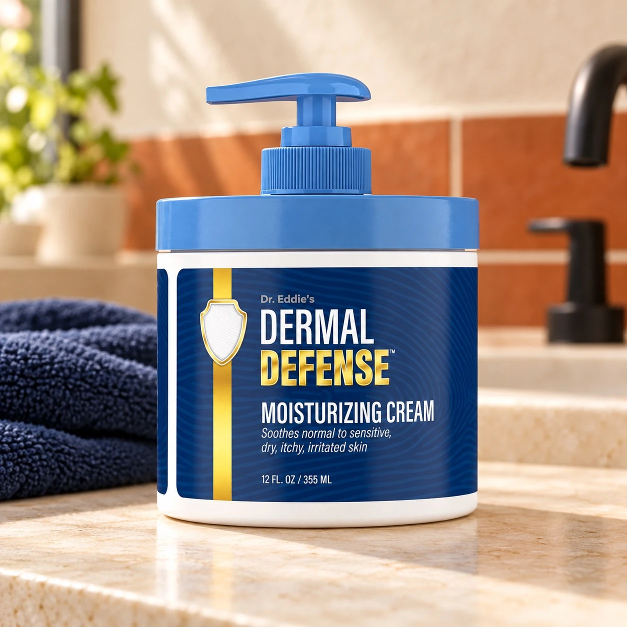 Dermal Defense Moisturizing Cream in a blue pump jar on a bathroom counter beside a navy towel