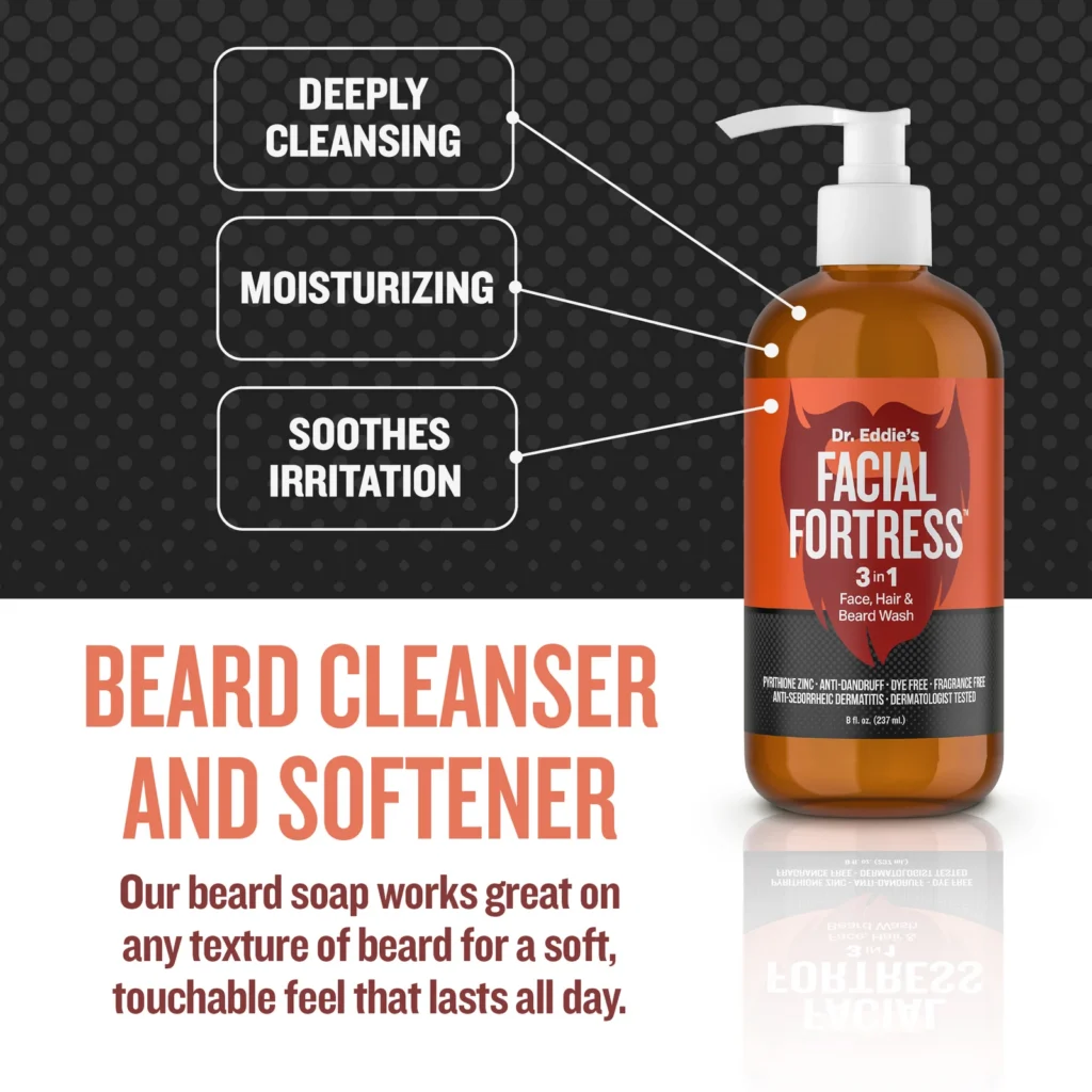 Facial Fortress beard cleanser and softener product information graphic
