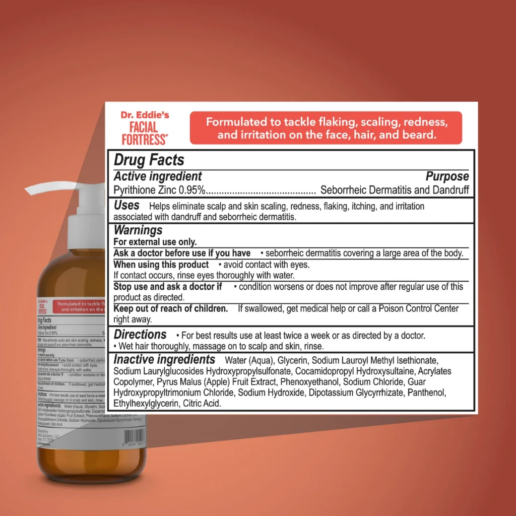 Drug Facts panel for Facial Fortress pyrithione zinc 0.95 percent medicated wash