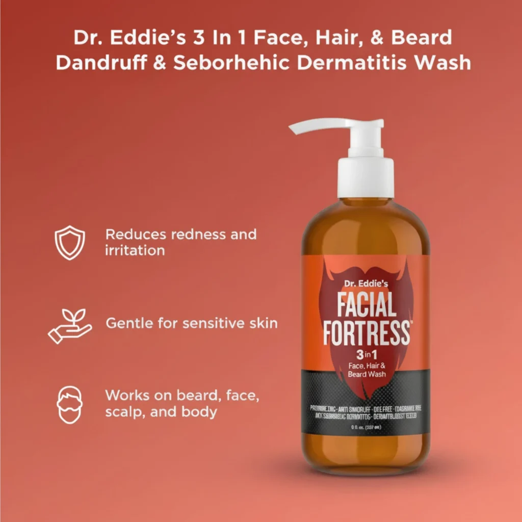 Facial Fortress pyrithione zinc 0.95 percent medicated beard dandruff wash informational graphic