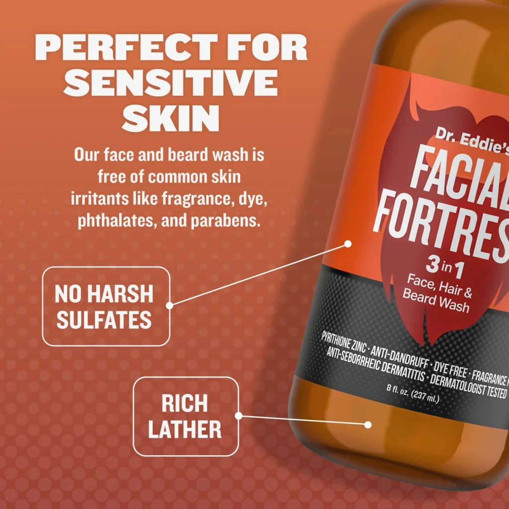 Facial Fortress sensitive skin wash product graphic, made without SLS and SLES