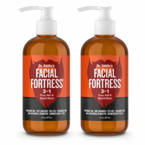 2 Facial Fortress medicated face, hair and beard wash bottles, 8 fl oz each, on a white background