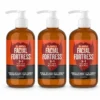 3 Facial Fortress medicated face, hair and beard wash bottles, 8 fl oz each, on a white background