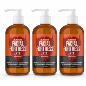 3 Facial Fortress medicated face, hair and beard wash bottles, 8 fl oz each, on a white background
