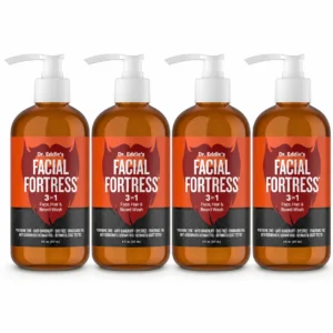 4 Facial Fortress medicated face, hair and beard wash bottles, 8 fl oz each, on a white background