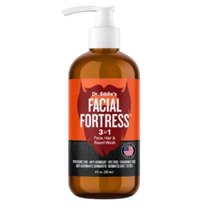Facial Fortress registered-label 8 fl oz medicated face, hair and beard wash bottle
