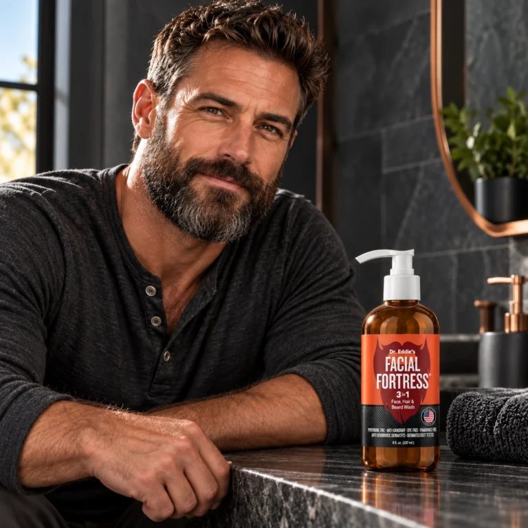 Bearded man in a charcoal Henley beside Facial Fortress medicated wash with the registered label on a dark stone bathroom counter