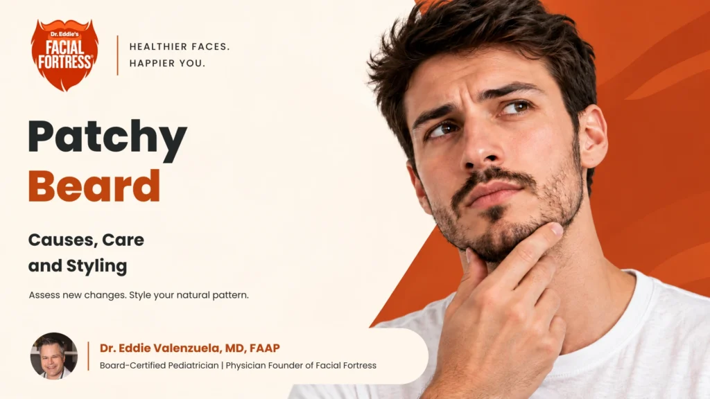 Patchy Beard: Causes, Care, and Styling, with a man examining his beard and an author credit for Dr. Eddie Valenzuela.